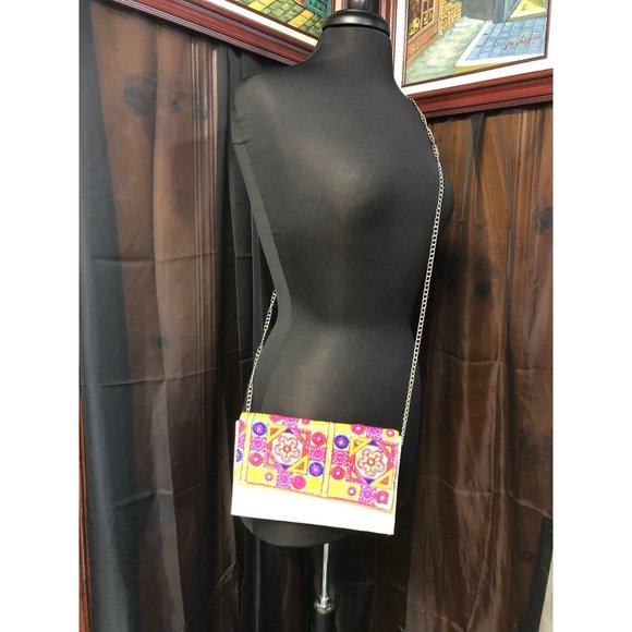 Neon Pink Yellow and Blue Embroidered Small Shoulder Pocketbook from India - Picture 2 of 6